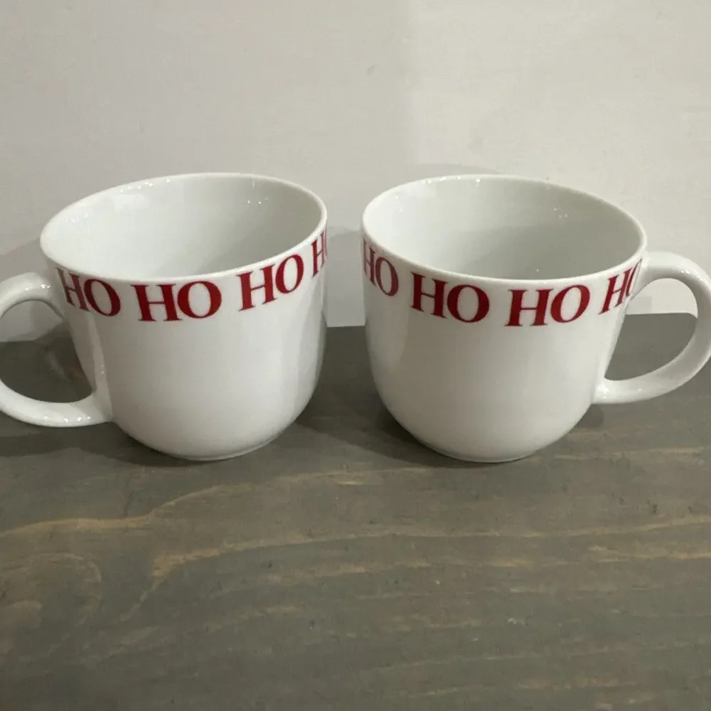 Crate & Barrel “HO HO HO” 12oz Mug Cup Red White Christmas Set Of 2